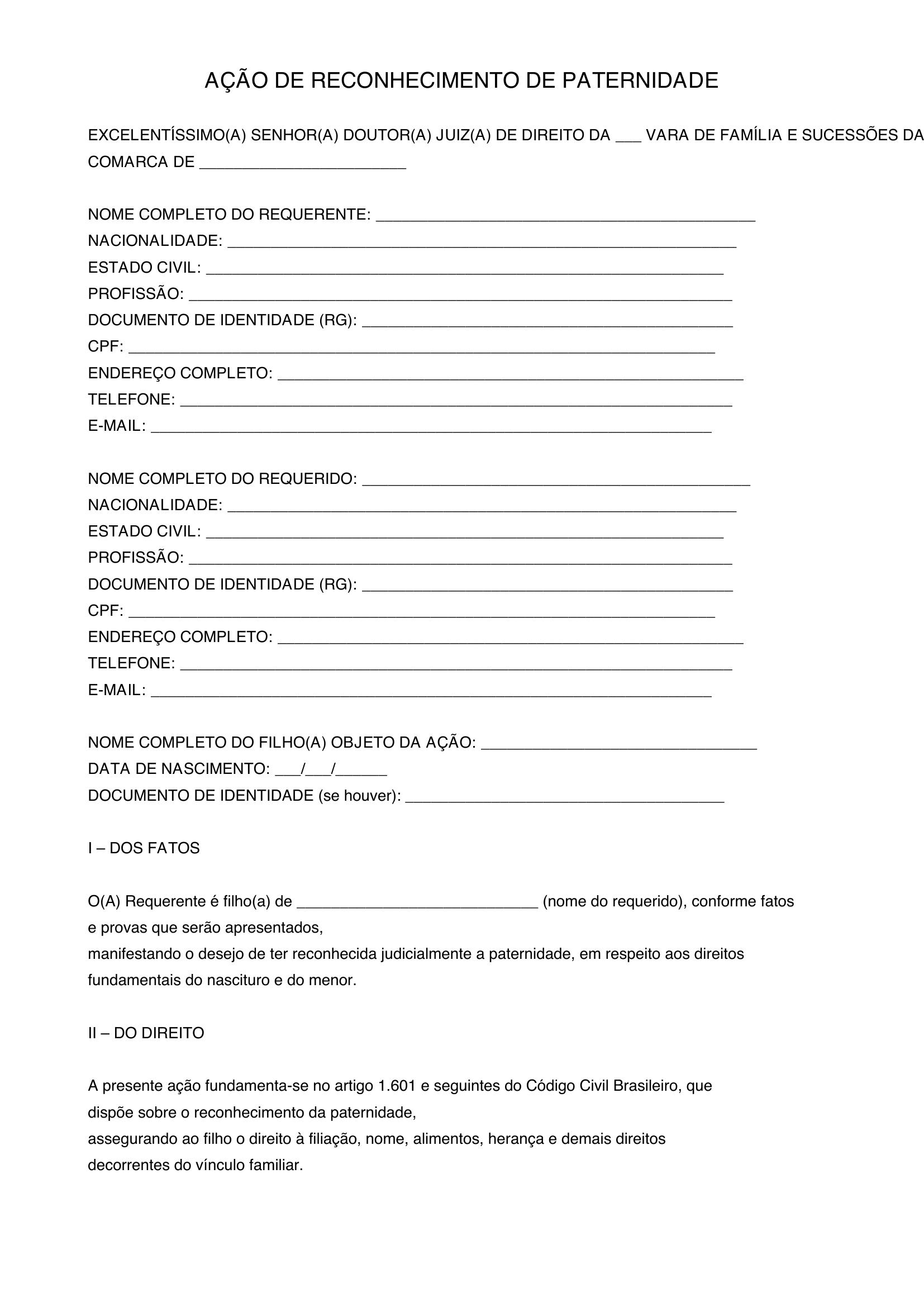 Reconhecimento De Paternidade Modelo