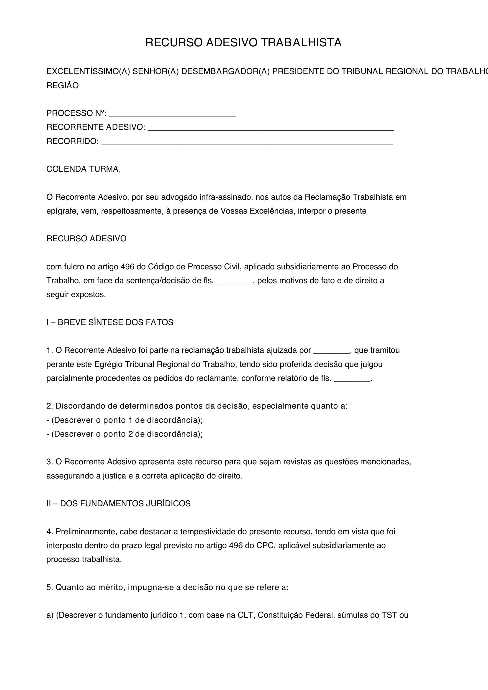 Modelo Recurso Adesivo Trabalhista