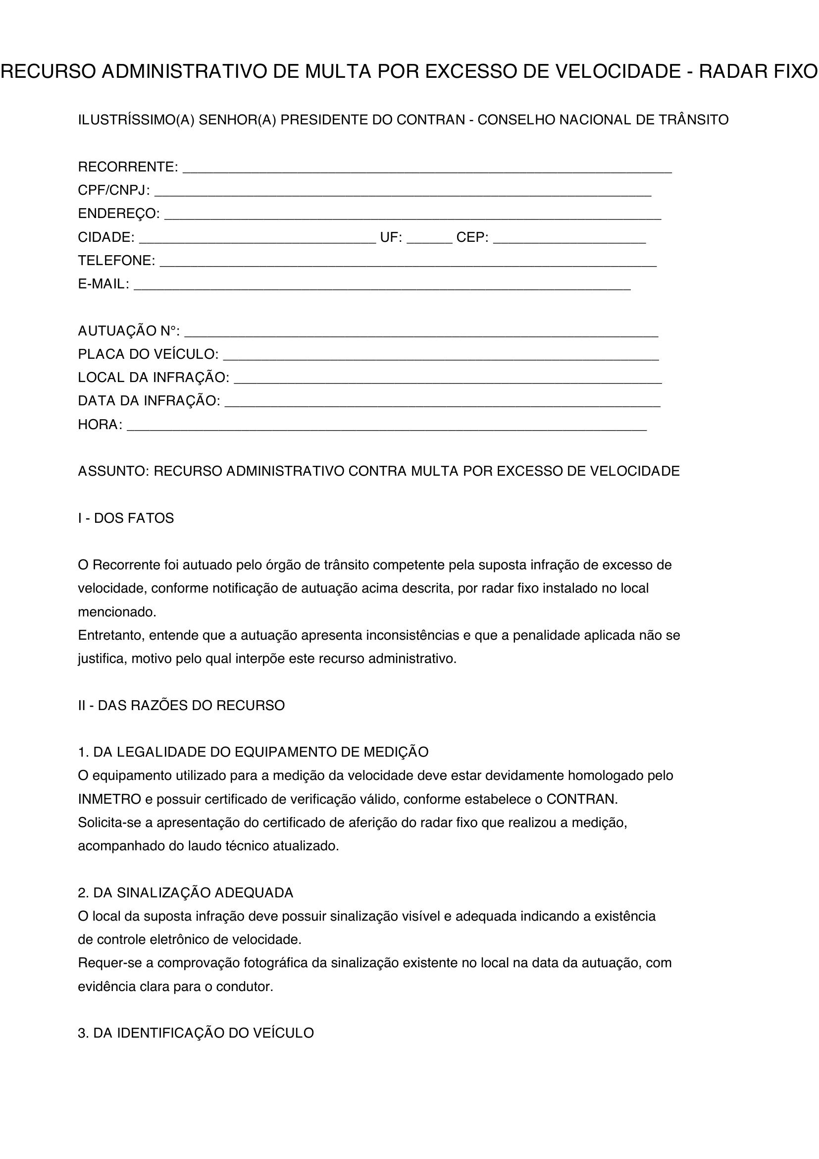 Modelo Recurso De Multa Por Excesso De Velocidade Radar Fixo