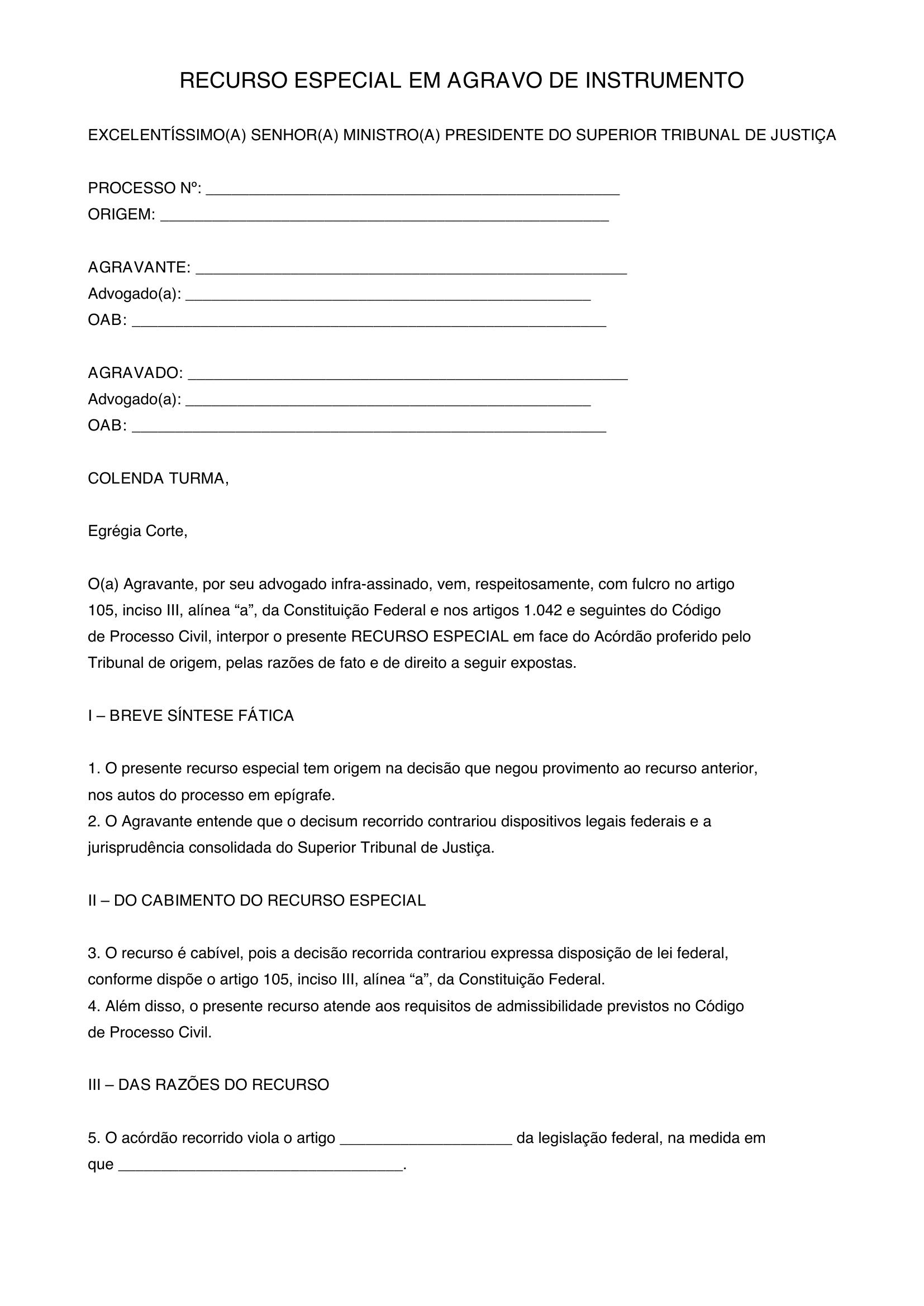 Modelo De Recurso Especial Em Agravo De Instrumento