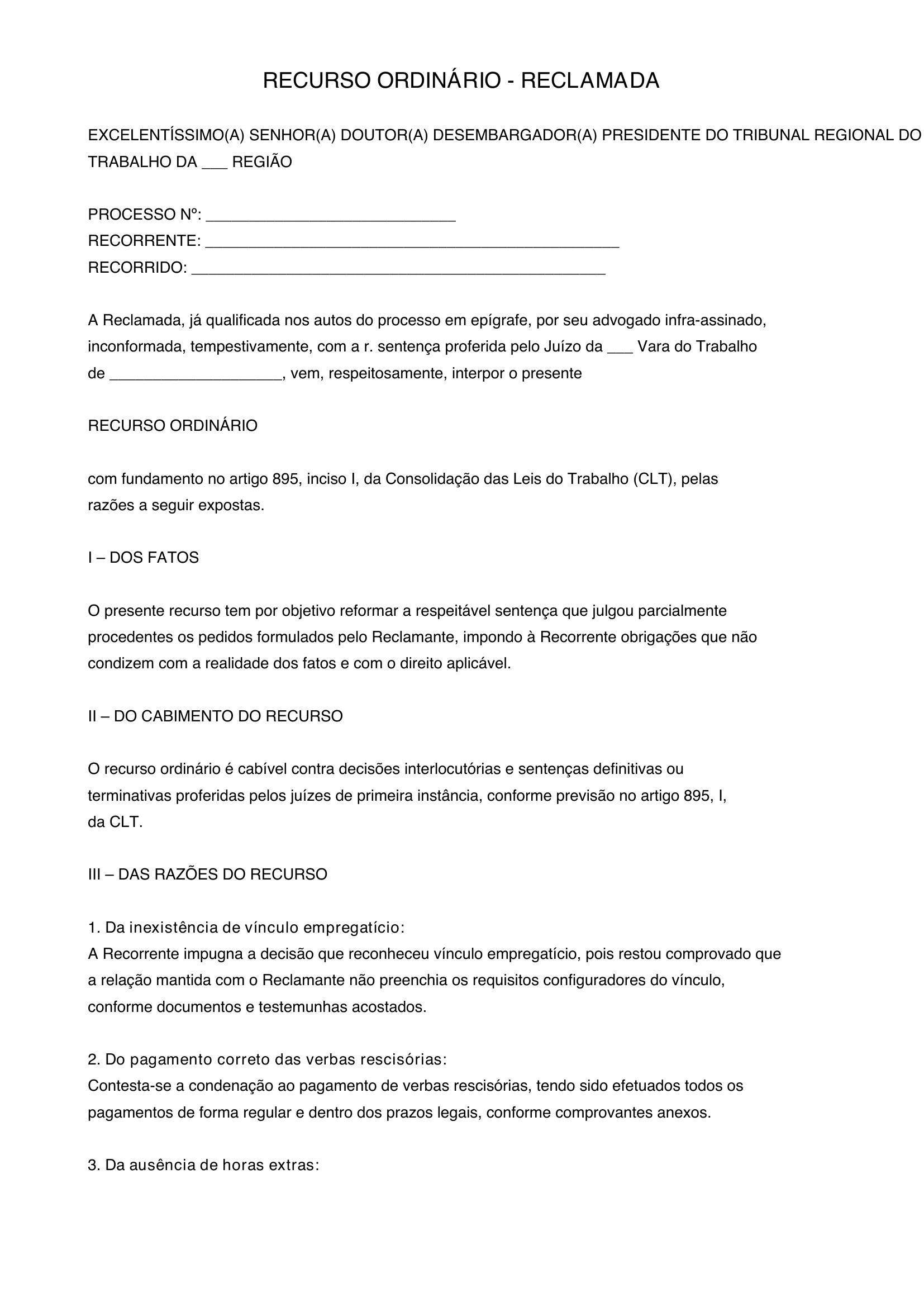 Modelo De Recurso Ordinário Reclamada