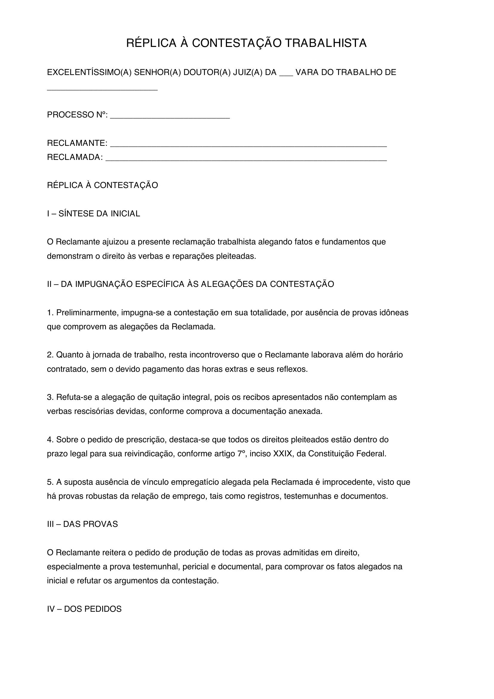 Modelo De Replica A Contestação Trabalhista