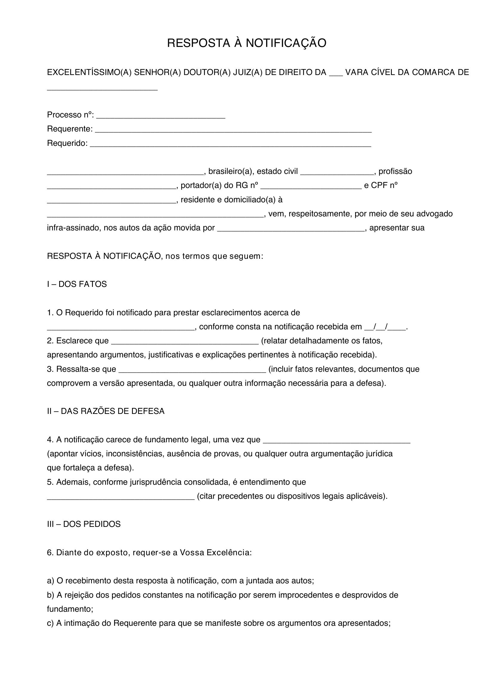 Modelo De Resposta A Notificação