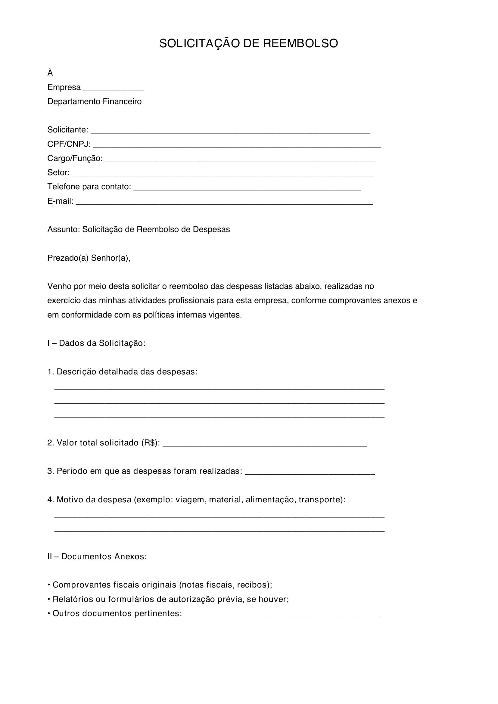 Modelo De Solicitação De Reembolso