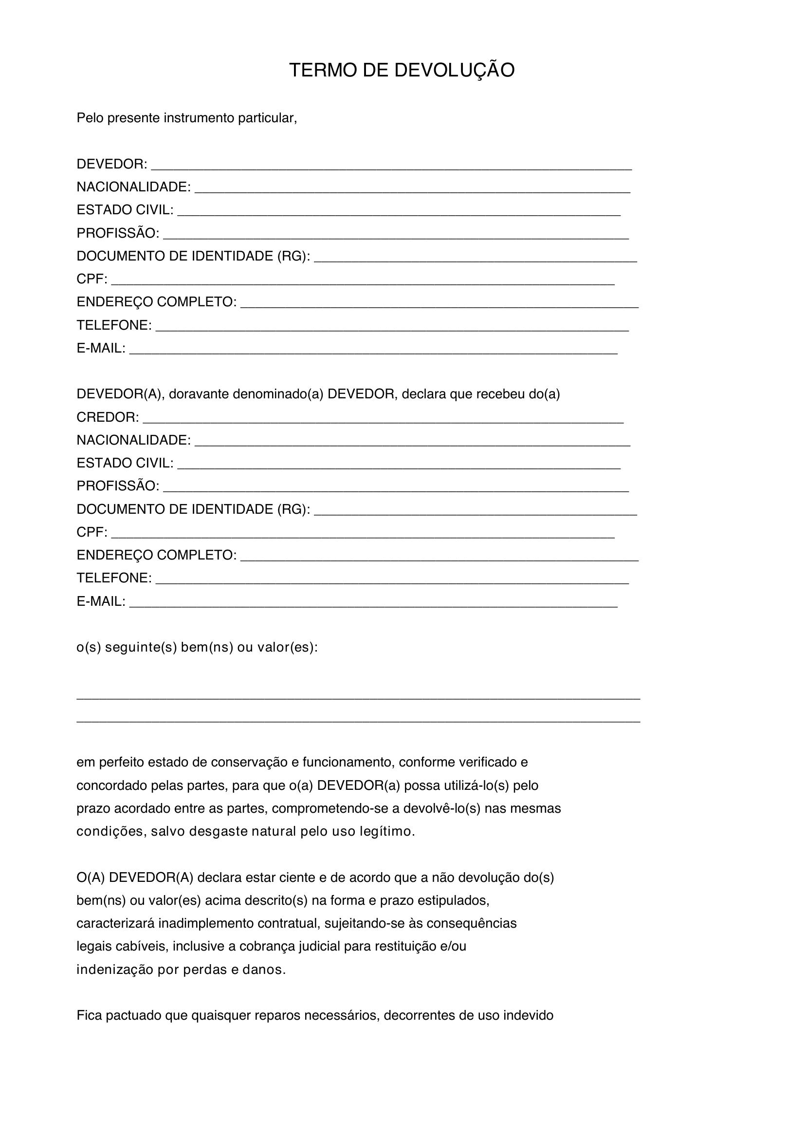 Modelo De Termo De Devolução